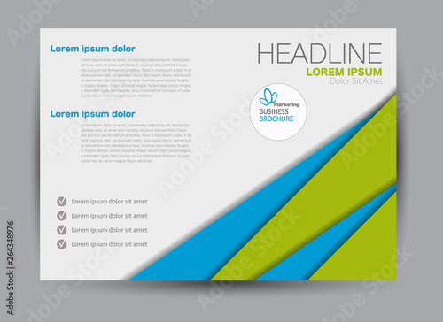 Blue and green landscape wide flyer or brochure template. Billboard abstract background design. Business, education, presentation, advertisement concept. Vector illustration.