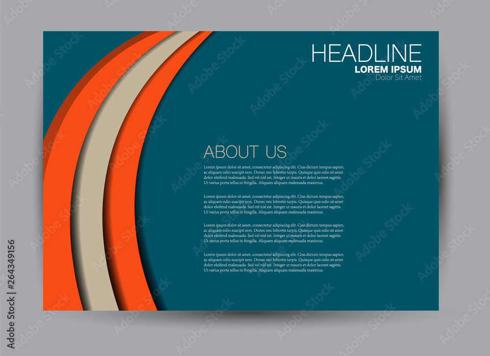 Fototapeta premium Landscape wide flyer template. Billboard banner abstract background design. Business, education, presentation, advertisement concept. Blue and orange color. Vector illustration.