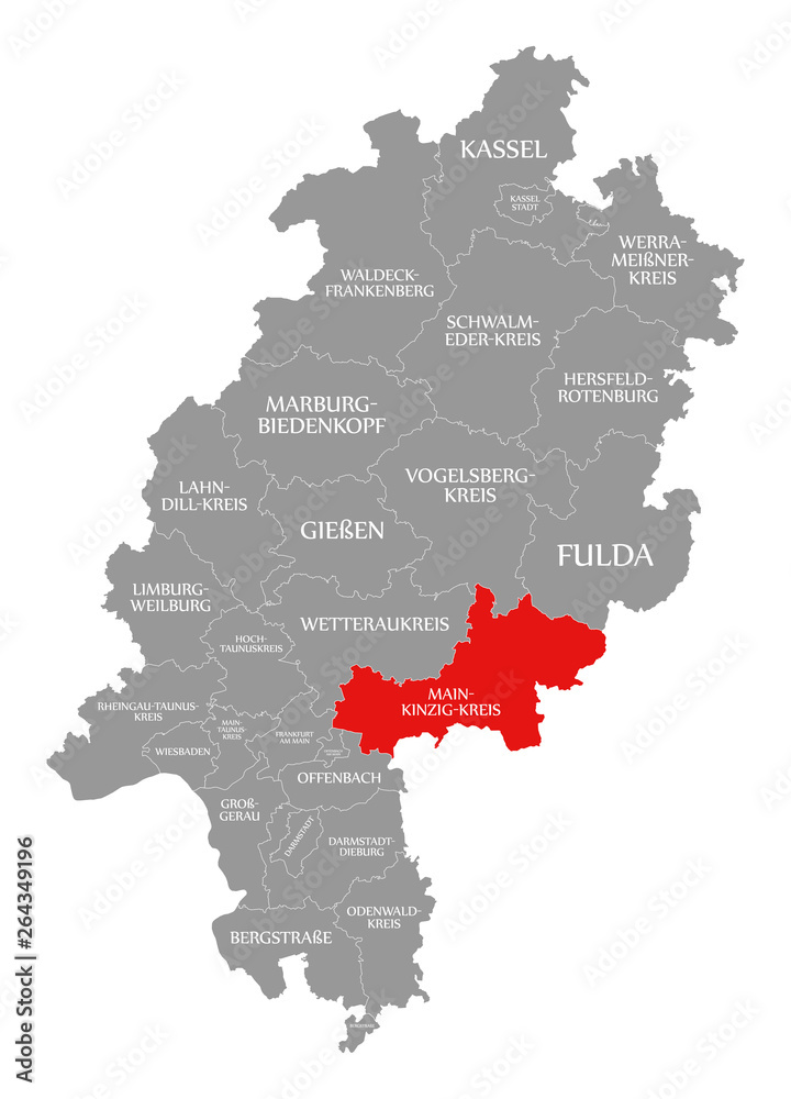 Main-Kinzig-Kreis county red highlighted in map of Hessen Germany