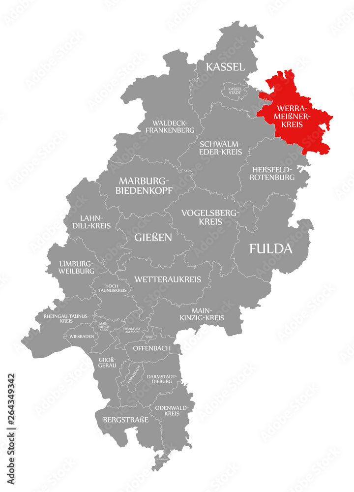 Werra-Meissner-Kreis county red highlighted in map of Hessen Germany