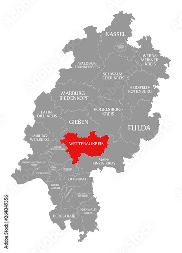 Wetteraukreis county red highlighted in map of Hessen Germany