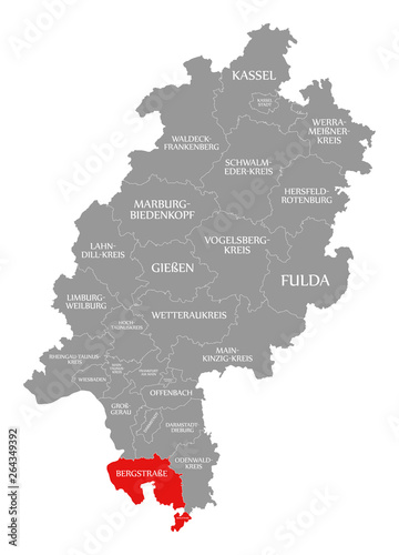 Bergstrasse county red highlighted in map of Hessen Germany