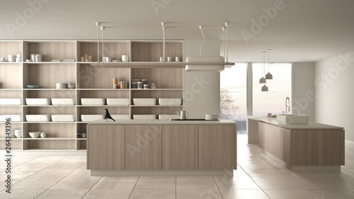 Photography Minimalist luxury expensive white and wooden kitchen, island, sink and gas hob,