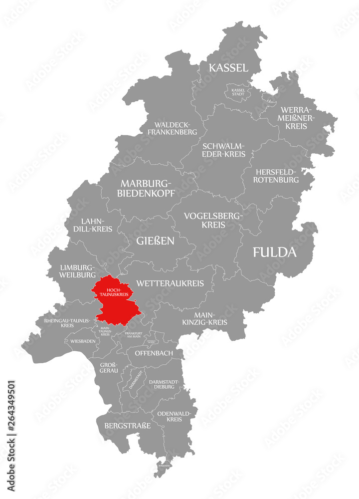 Hochtaunuskreis county red highlighted in map of Hessen Germany