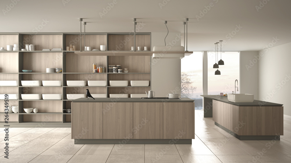 Minimalist luxury expensive white and wooden kitchen, island, sink and gas hob, open space, panoramic window, marble ceramic floor, modern interior design architecture concept idea Minimalist luxury expensive white and wooden kitchen, island, sink and gas hob, open space, panoramic window, marble ceramic floor, modern interior design architecture concept idea