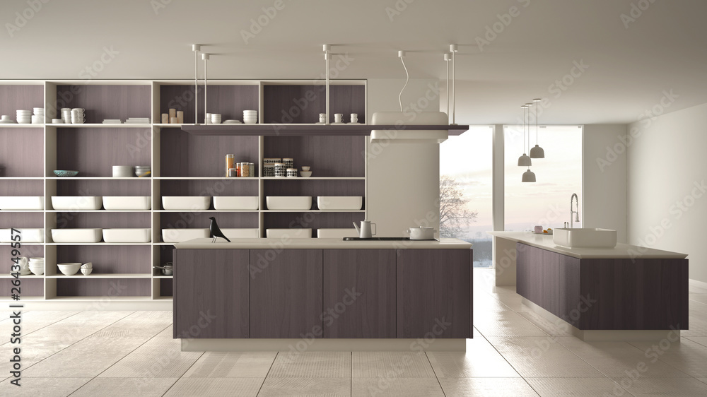 Minimalist luxury expensive white and purple wooden kitchen, island, sink and hob, open space, panoramic window, marble ceramic floor, modern interior design architecture concept idea Minimalist luxury expensive white and purple wooden kitchen, island, sink and hob, open space, panoramic window, marble ceramic floor, modern interior design architecture concept idea