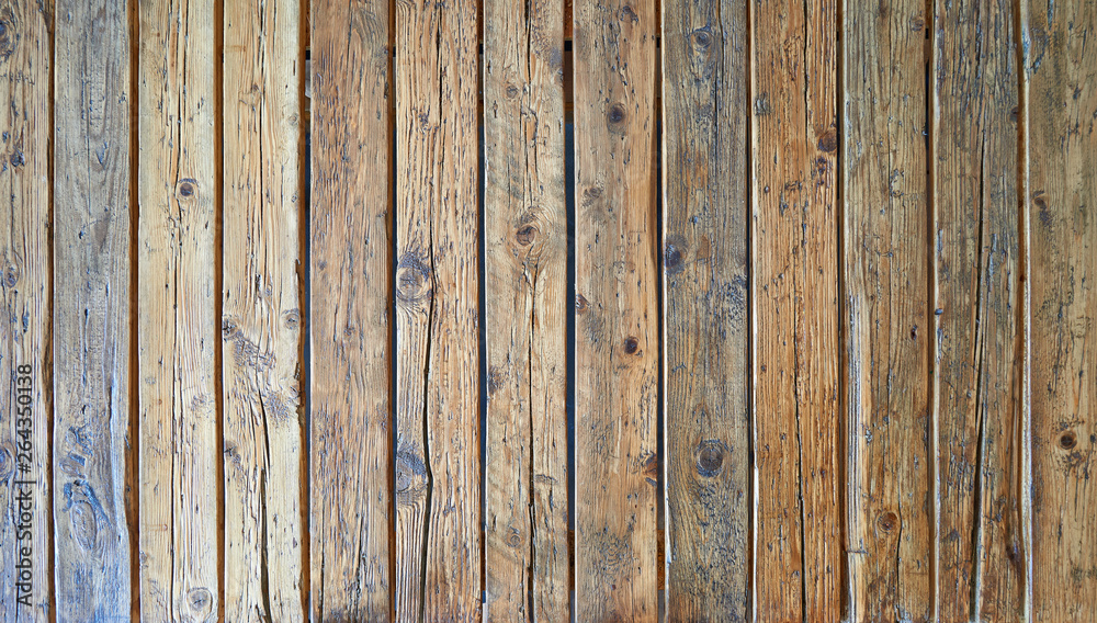 Empty and rustic wooden plank table view from above