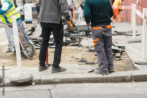 Budapest - Hungary - April 11, 2019: Asphalt replacement. Repair cover. Reconstruction of the old pavement