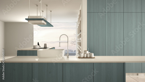 Minimalist luxury expensive white and blue wooden kitchen  island  sink and hob  open space  panoramic window  marble ceramic floor  modern interior design architecture concept idea