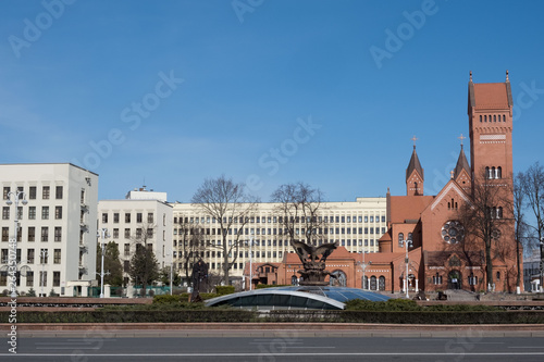 The Parish Of St. Simone and St. Elena and government buildings on independence square in Minsk, Belarus