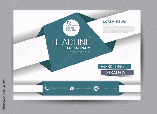 Landscape wide flyer template. Billboard banner abstract background design. Business, education, presentation, advertisement concept. Blue color. Vector illustration.