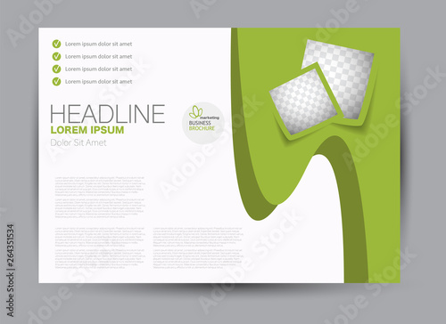 Landscape wide flyer template. Billboard banner abstract background design. Business, education, presentation, advertisement concept. Green color. Vector illustration.