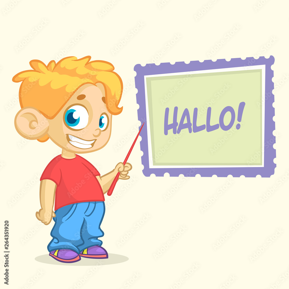 Cartoon cute boy with a pointer showing to the whiteboard. Vector illustration isolated Cartoon cute boy with a pointer showing to the whiteboard. Vector illustration isolated
