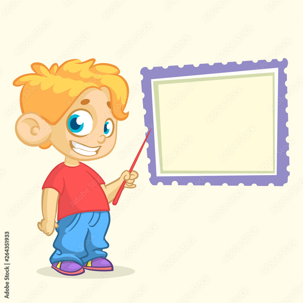 Cartoon cute boy pointing whiteboard. Vector illustration isolated