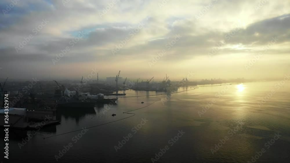 Aerial Forward: Large Boating Shoreline By Ocean At Sunrise in San Diego, United States of America Aerial Forward: Large Boating Shoreline By Ocean At Sunrise in San Diego, United States of America