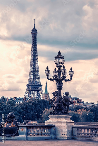 Eiffel tower viewed from Alexandre III bridge in Paris © Stockbym