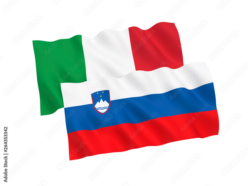National fabric flags of Italy and Slovenia isolated on white background. 3d rendering illustration. 1 to 2 proportion.