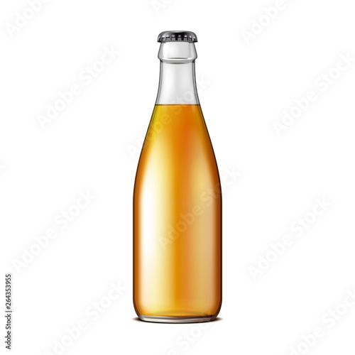 Glass Beer Lemonade Cola Clean Bottle Yellow Brown. Carbonated Soft Drink. Mock Up Template. Illustration Isolated On White Background. Ready For Your Design. Product Packaging. Vector EPS10
