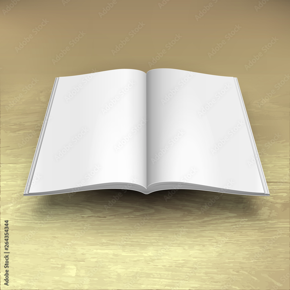 Blank Open Magazine, Book, Booklet, Brochure, Cover. White On Wood Texture Background. Mock Up Template Ready For Your Design. Vector EPS10 Blank Open Magazine, Book, Booklet, Brochure, Cover. White On Wood Texture Background. Mock Up Template Ready For Your Design. Vector EPS10