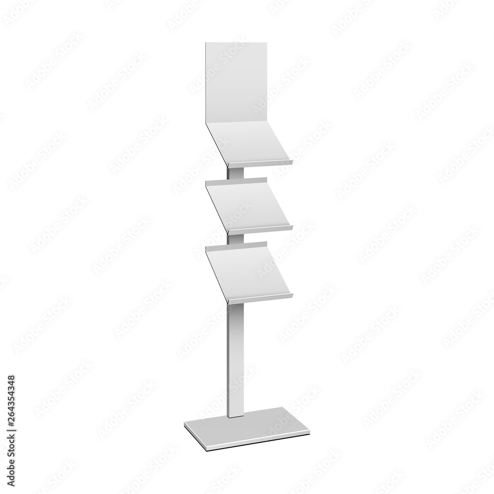 Mockup Empty Show Box Fliers Holder, Leaflets Retail. Shelves Floor Display Rack For Supermarket, Bank. Mock Up. 3D On White Background Isolated. Ready For Your Design. Product Advertising. Vector Mockup Empty Show Box Fliers Holder, Leaflets Retail. Shelves Floor Display Rack For Supermarket, Bank. Mock Up. 3D On White Background Isolated. Ready For Your Design. Product Advertising. Vector