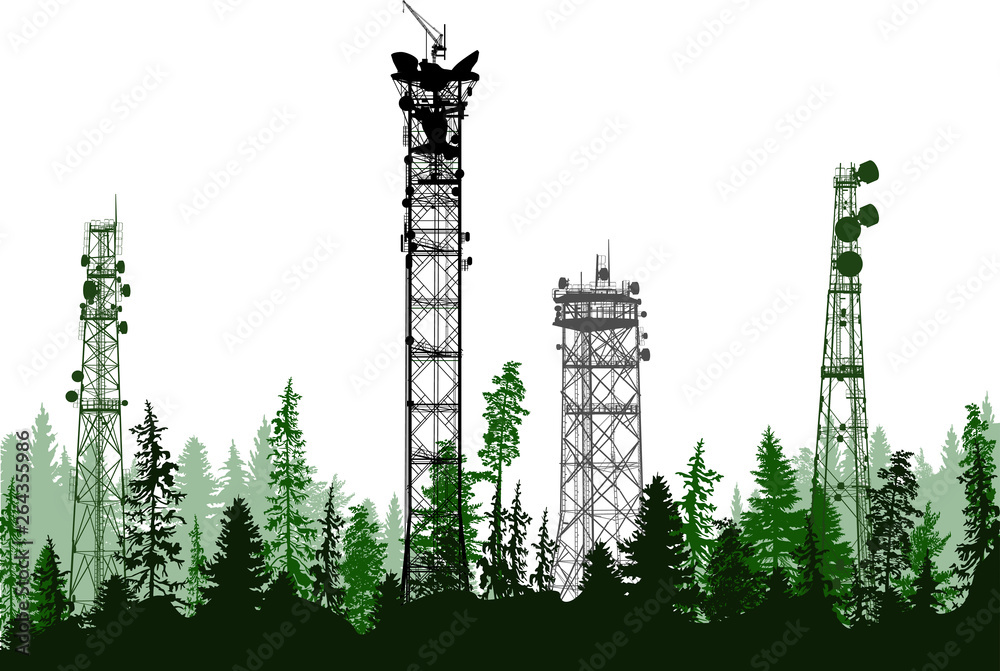 antenna tower four silhouettes in green forest isolated on white - obrazy, fototapety, plakaty 