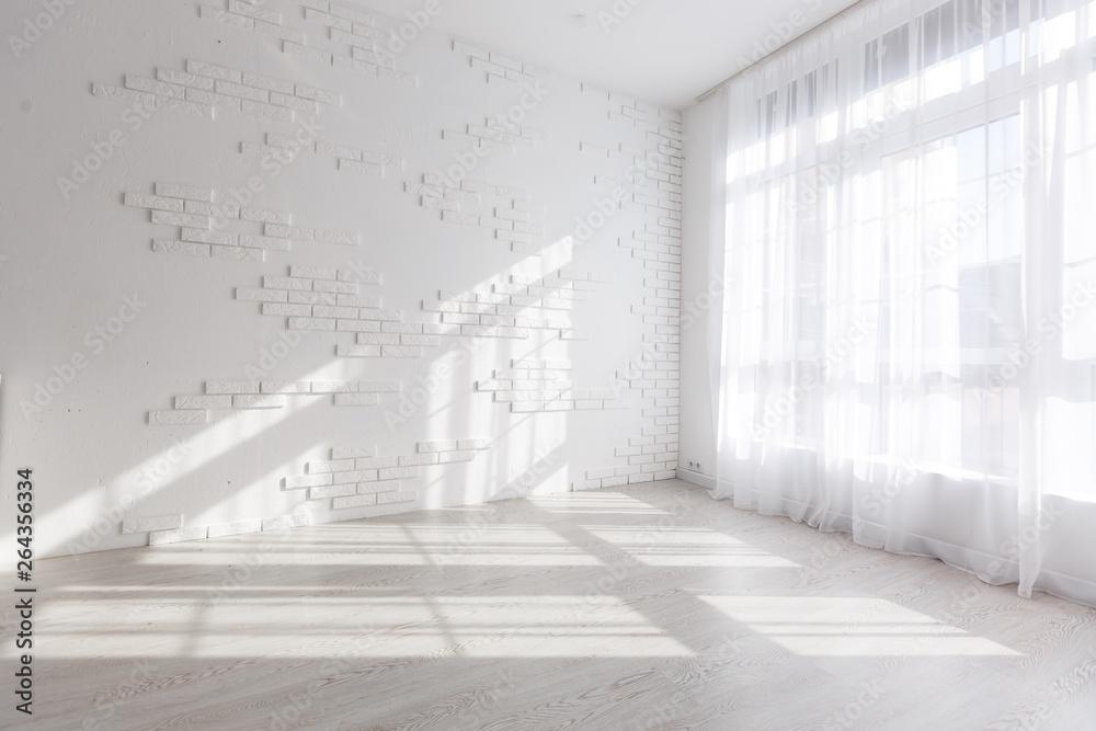 Blank white wall with window and concrete floor, mock up, 3d render