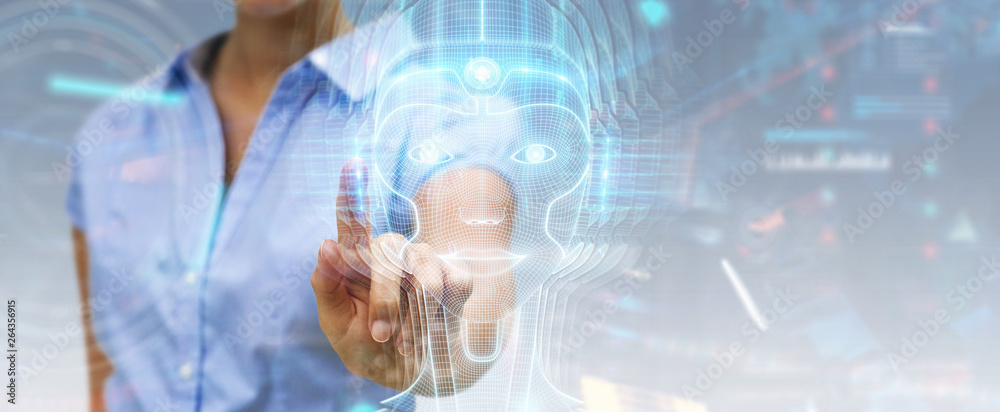 Woman using digital artificial intelligence head interface 3D rendering Woman using digital artificial intelligence head interface 3D rendering