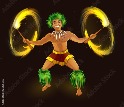 Hawaiian dancer with fiery torches in traditional national dress. Hula Dance and Fire Show. Holidays in the Hawaiian Islands. Vector illustration. Character in the cartoon style.