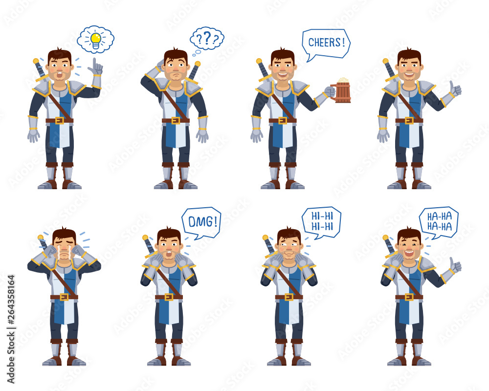 Set of medieval knight characters showing different actions. Cheerful knight pointing up, thinking, holding mug of beer, laughing, surprised, crying, showing thumb up gesture. Vector illustration