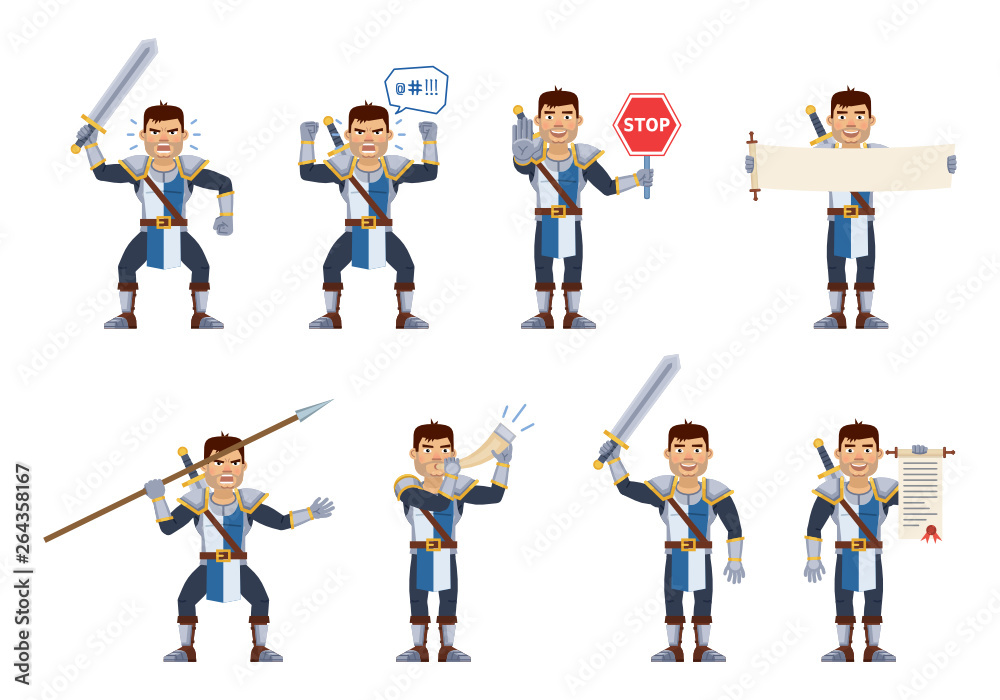 Set of medieval knight characters showing different actions. Cheerful knight holding stop sign, scroll, spear, blowing in the horn, celebrating victory, angry. Flat style vector illustration