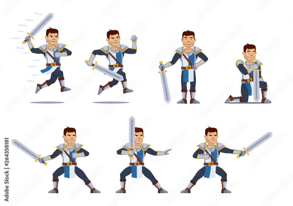 Set of medieval knight characters showing different actions. Cheerful knight standing, praying, running, jumping, attacking, holding sword. Flat style vector illustration