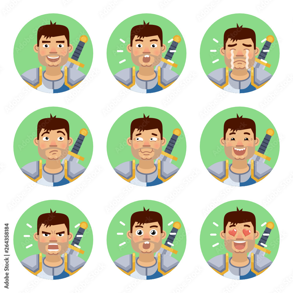 Fototapeta premium Set of crusader emoticons. Knight avatars showing different emotions. Happy, smile, sad, cry, angry, love, surprised, upset, laugh and other facial expressions. Flat style vector illustration