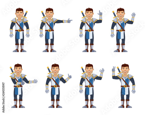 Set of medieval knight characters showing different hand gestures. Cheerful knight showing thumb up, waving, greeting, pointing, victory sign and other hand gestures. Flat style vector illustration