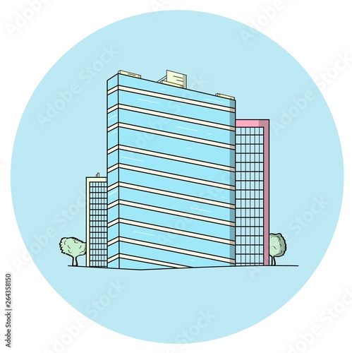 Three business buildings on blue background