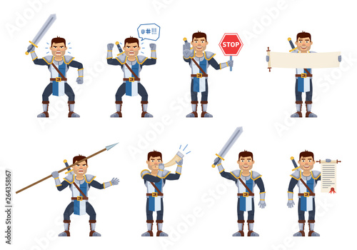 Set of medieval knight characters showing different actions. Cheerful knight holding stop sign, scroll, spear, blowing in the horn, celebrating victory, angry. Flat style vector illustration © paper_owl