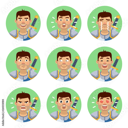 Set of crusader emoticons. Knight avatars showing different emotions. Happy, smile, sad, cry, angry, love, surprised, upset, laugh and other facial expressions. Flat style vector illustration