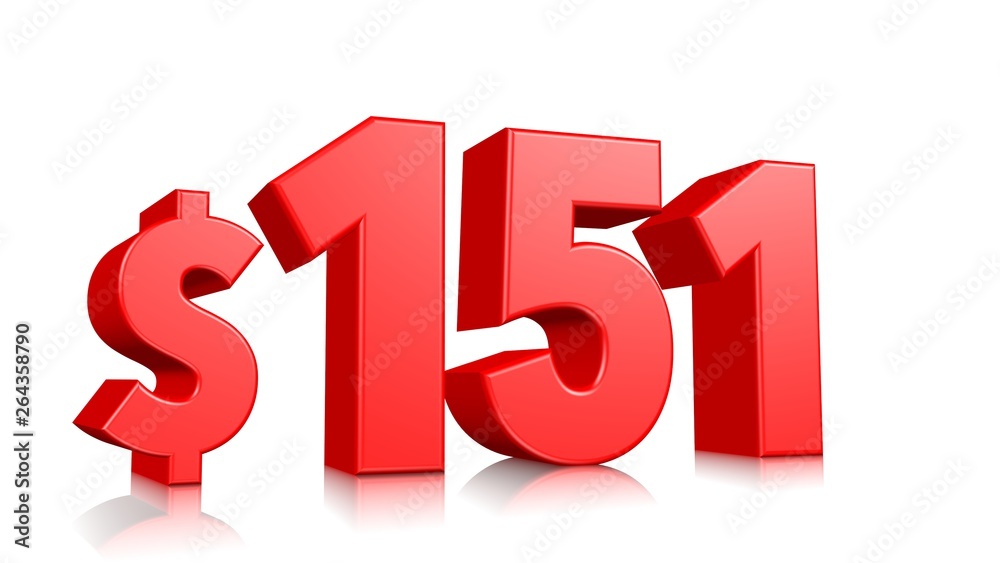 151$ One hundred fifty one price symbol. red text number 3d render with dollar sign on white background 151$ One hundred fifty one price symbol. red text number 3d render with dollar sign on white background