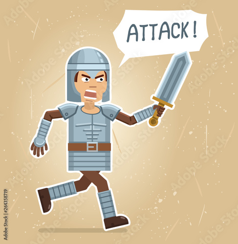 Illustration of a medieval knight running and shouting to attack. Old paper background. Flat style vector illustration