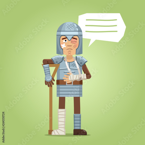 Illustration of an injured medieval knight. Sad knight with bandaged arm and leg isolated on abstract background. Flat style vector illustration