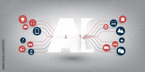     Abstract Machine and Deep Learning, Artificial Intelligence, Cloud Computing and Networks Design Concept with Icons and AI Label 