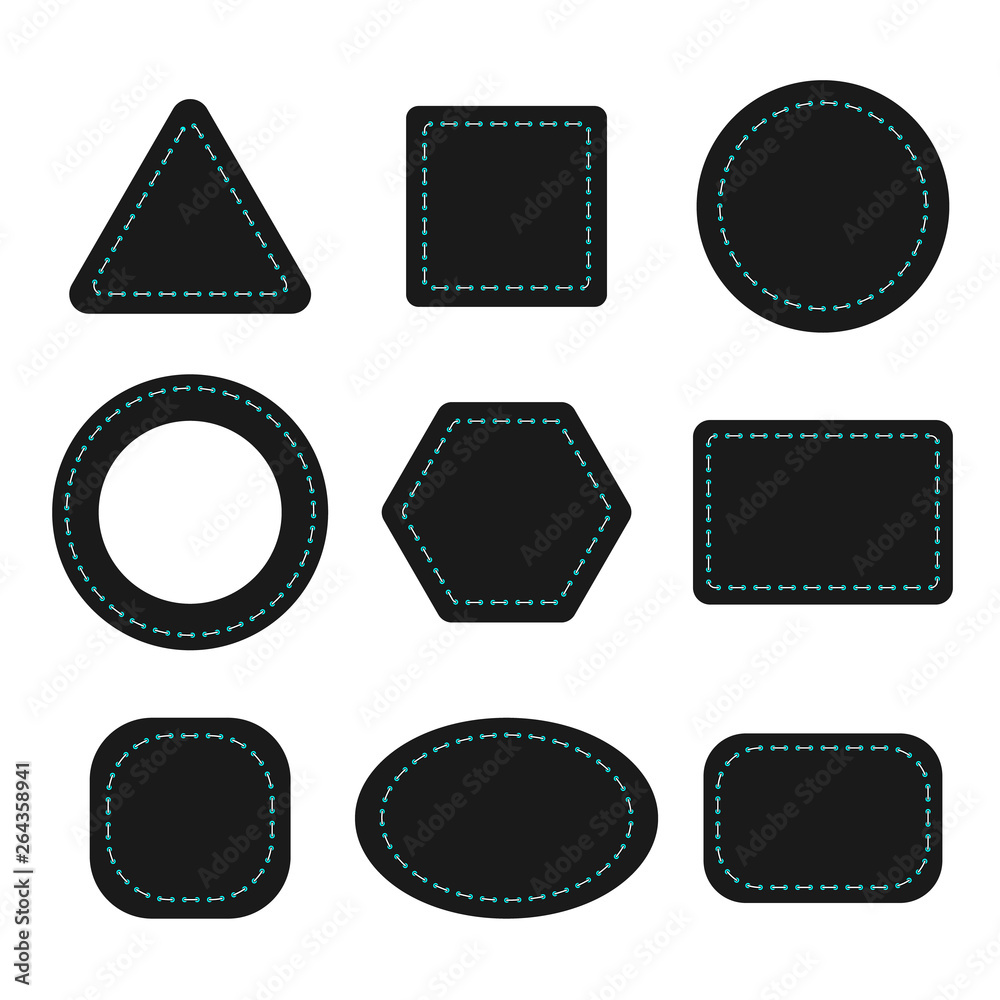 Blank leather badge in retro vintage style. Vector shapes with stitching.