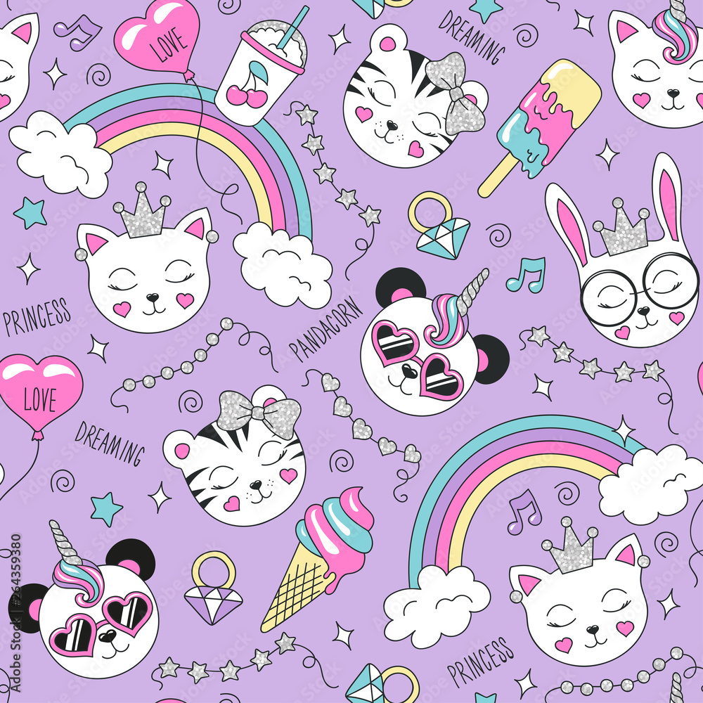 Cute animals pattern on a lilac background. Colorful trendy seamless pattern. Fashion illustration drawing in modern style for clothes. Drawing for kids clothes, t-shirts, fabrics or packaging.