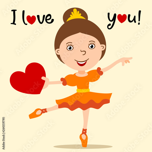 Cute ballerina in cartoon style with red heart in hand - happy Valentine's day card