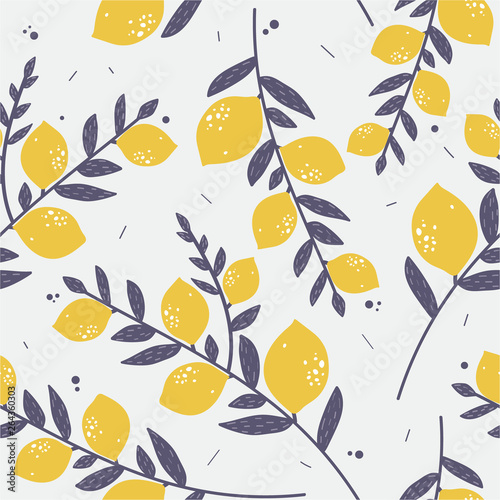 Fresh lemons, leaves background. Hand drawn overlapping backdrop. Colorful wallpaper vector. Seamless pattern with citrus fruits. Decorative illustration, good for printing