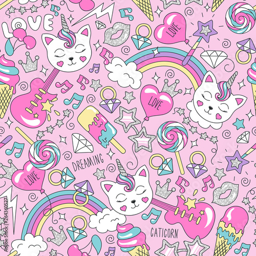 Cute kitten unicorn pattern on a pink background. Colorful trendy seamless pattern. Fashion illustration drawing in modern style for clothes. Drawing for kids clothes, t-shirts, fabrics or packaging.