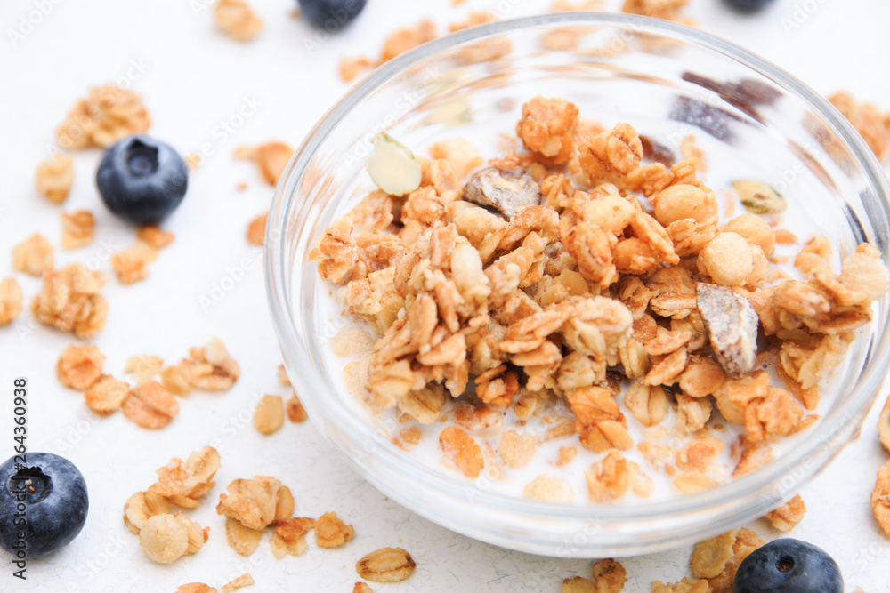 Crunchy muesli and blueberry Breakfast cereals isolated on white background, selective focus, top view Crunchy muesli and blueberry Breakfast cereals isolated on white background, selective focus, top view