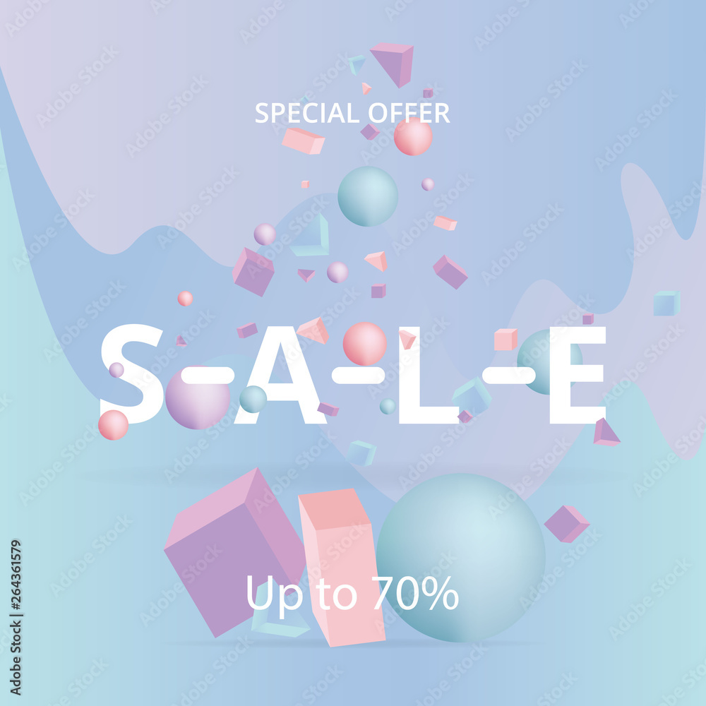 Sale banner template, 3d figures realistic vector primitives composition minimal Sale banner template, 3d figures realistic vector primitives composition minimal