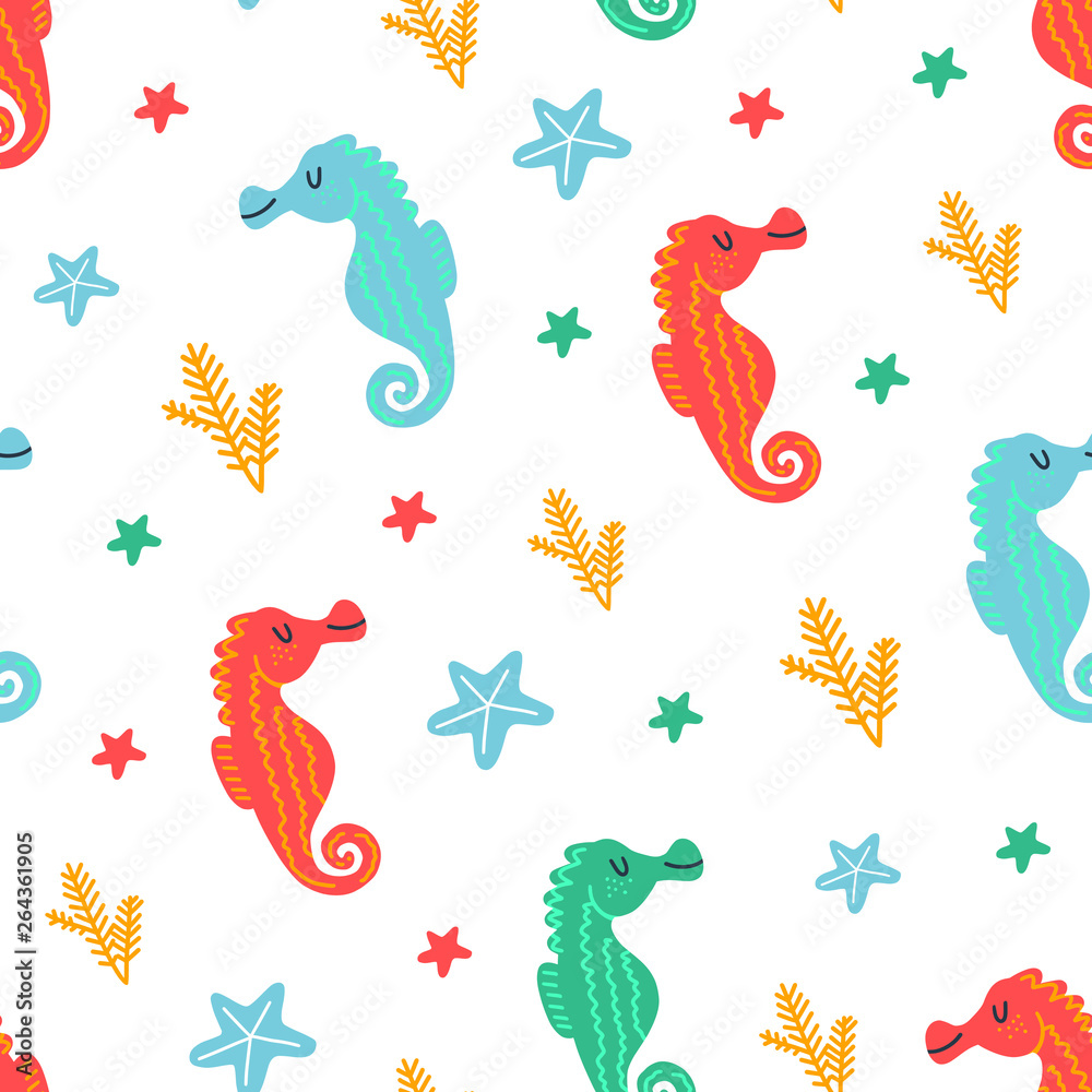 Obraz premium Sea seamless pattern with seahorse, starfish, seaweed. Underwater. Ocean and sea vector illustration for textiles, web, print and wallpaper. White background