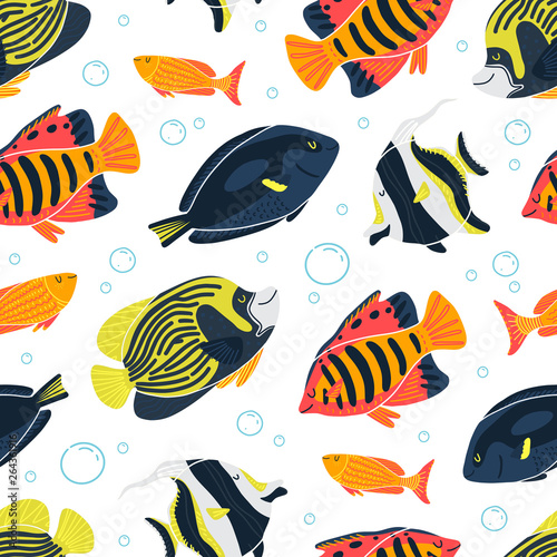 Sea seamless pattern with fish and bubbles. Underwater. Ocean and sea vector illustration for textiles, web, print and wallpaper. White background
