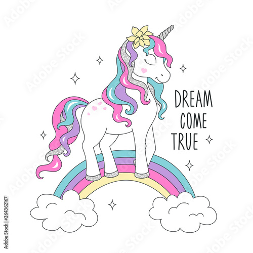 Glitter unicorn on a rainbow for t-shirts. Dream come true text. Design for kids. Fashion illustration drawing in modern style for clothes. Girlish print. Beautiful glitter, unicorn.